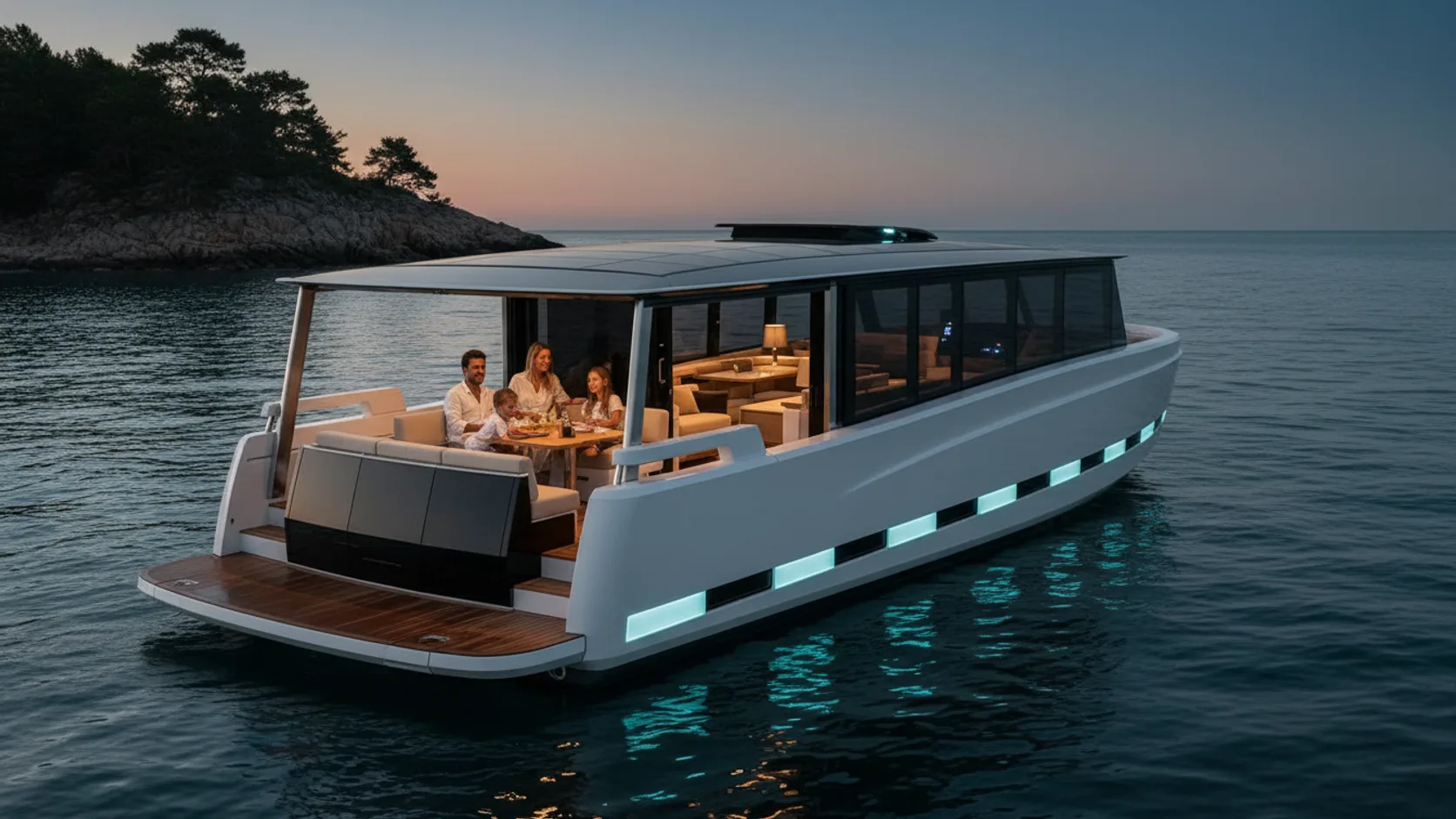 A family of four relaxing aboard the NAVO 42 at a quiet anchorage