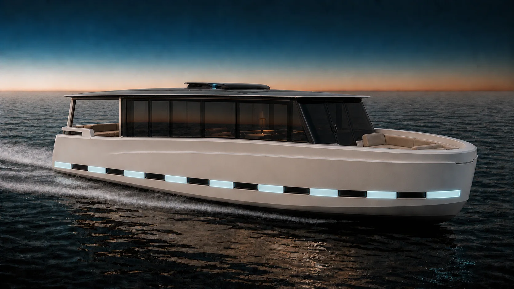 The 42-foot NAVO 42 underway at dusk: a wide, high-volume hull with tall gunwales, a balanced enclosed salon, bonded cockpit glazing, eight narrow lower-deck windows alternating with illuminated modules, and a low integrated sensor crown