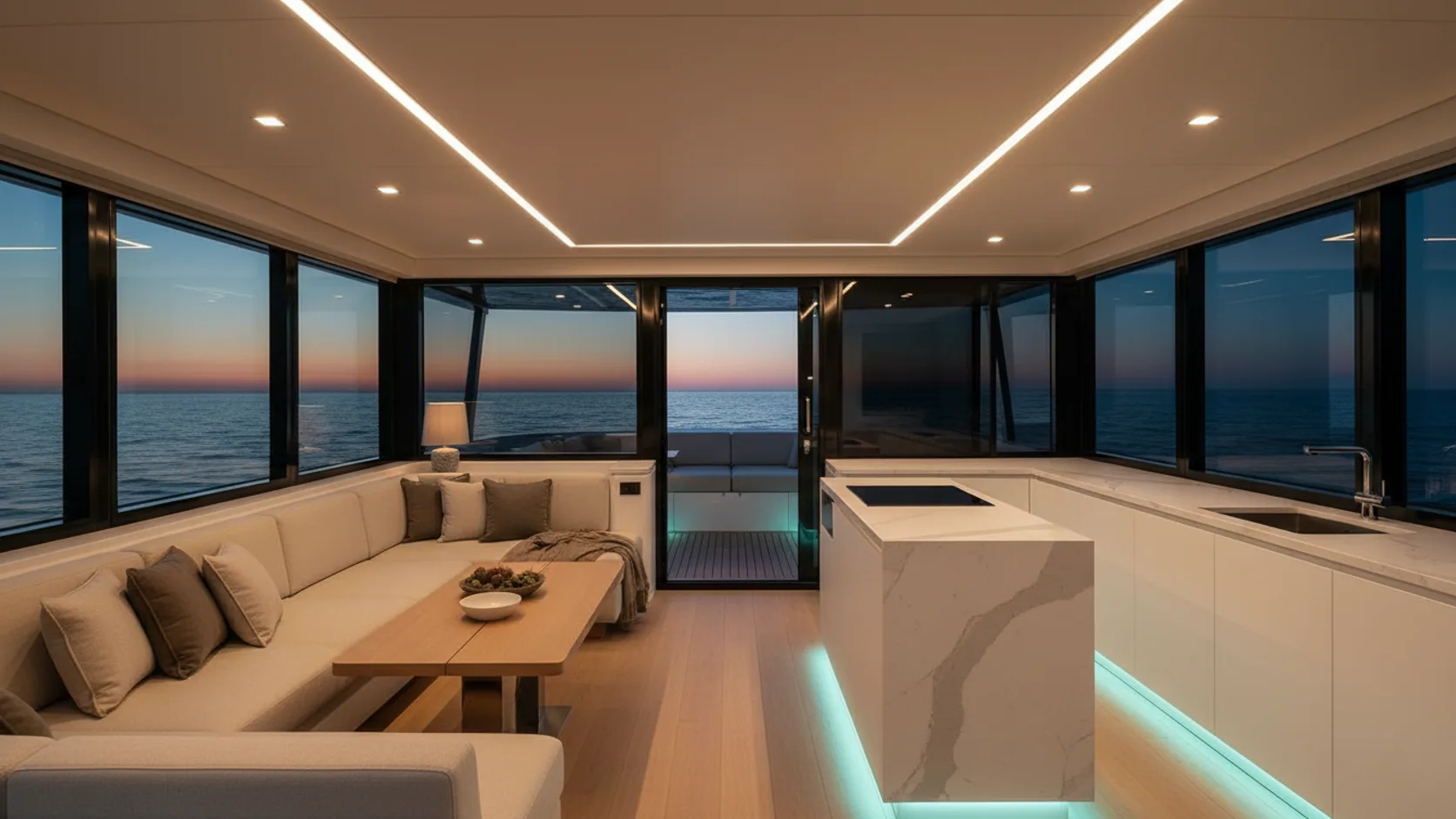The panoramic NAVO 42 salon interior, calm water beyond the glass