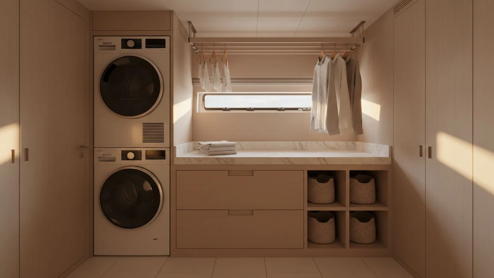The NAVO 42 dedicated laundry room: stacked washer and dryer in light oak joinery, a marble folding counter beneath a slim hull window, and a ceiling-mounted drying rack with shirts on hangers