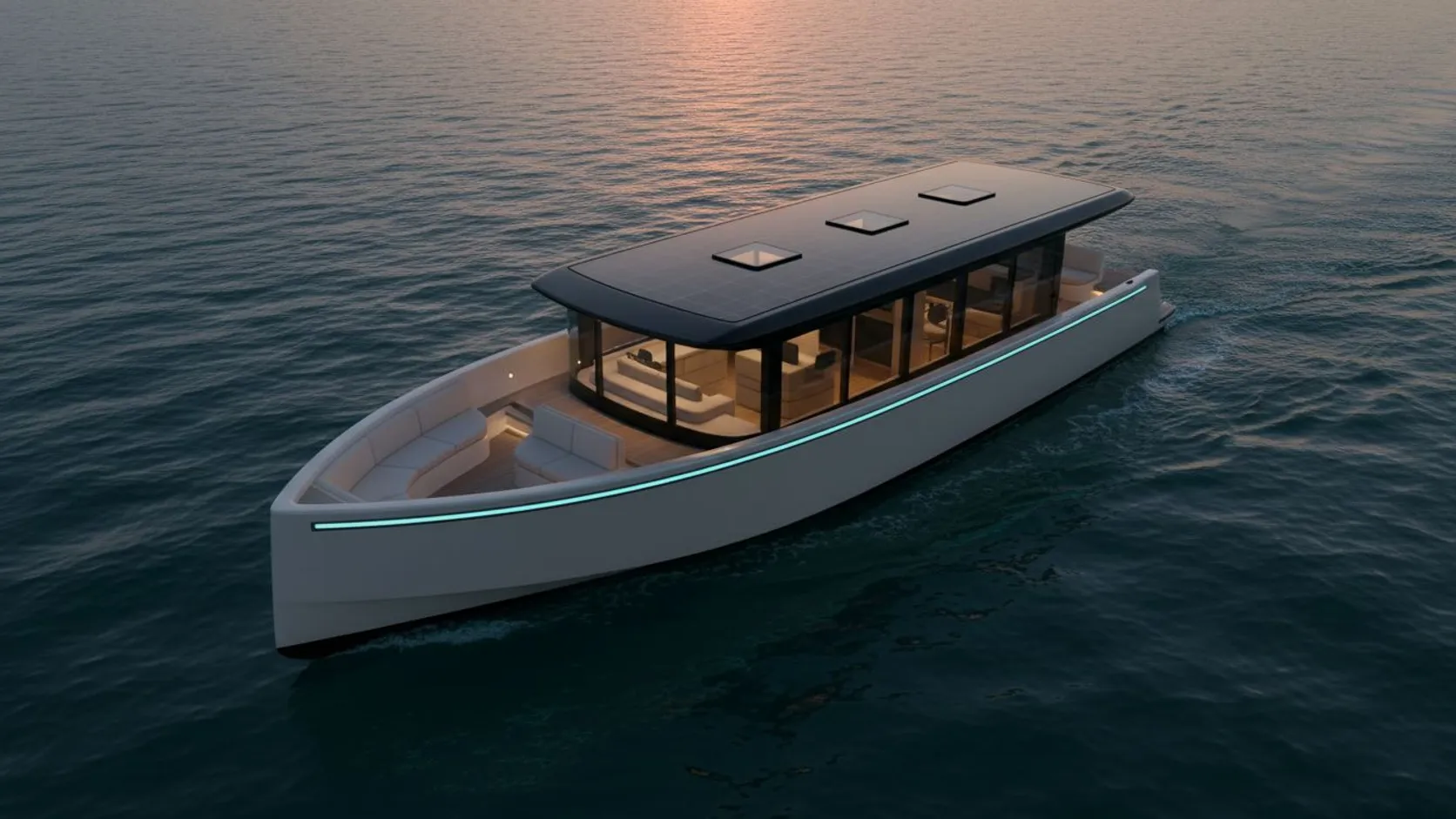 Aerial view of the NAVO 42 at dusk: the entire flat cabin roof is one continuous dark solar panel, broken only by three recessed glass skylights