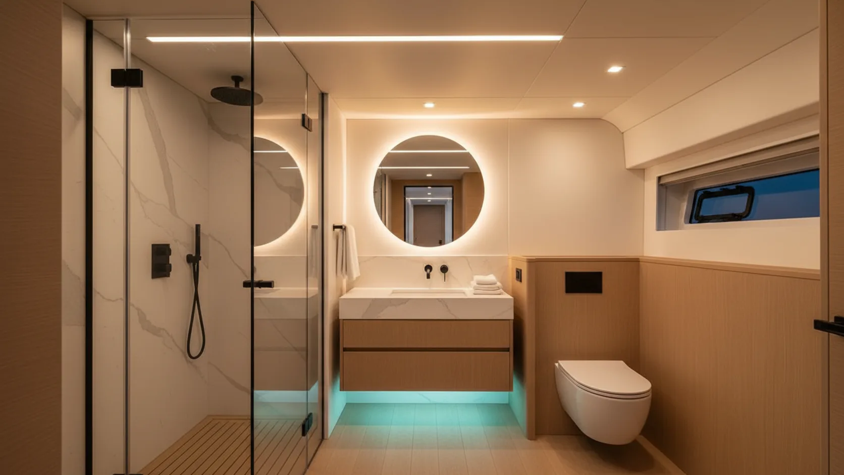 The NAVO 42 bathroom: glass walk-in shower, floating oak vanity with stone sink, and a separate toilet niche beside a slim hull window
